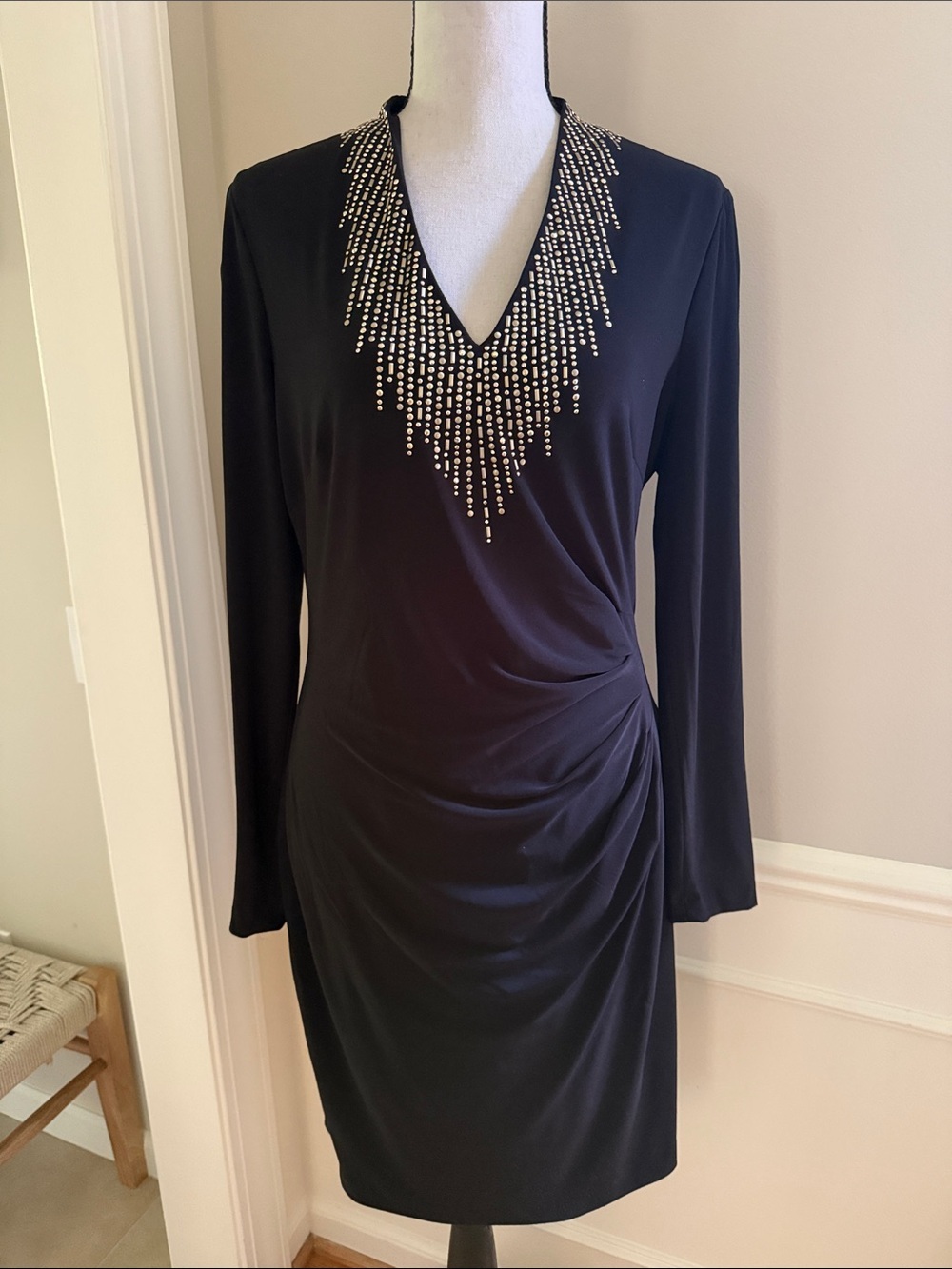 Cache Embellished V-Neck Ruched Cocktail Dress Size 14 Black Long Sleeve Stretch